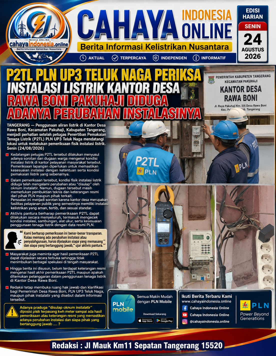 Berawal Adanya Sebuah Berita Online: P2TL PLN UP3 Teluk Naga Periksa Instalasi Listrik Kantor Desa Rawa Boni Pakuhaji